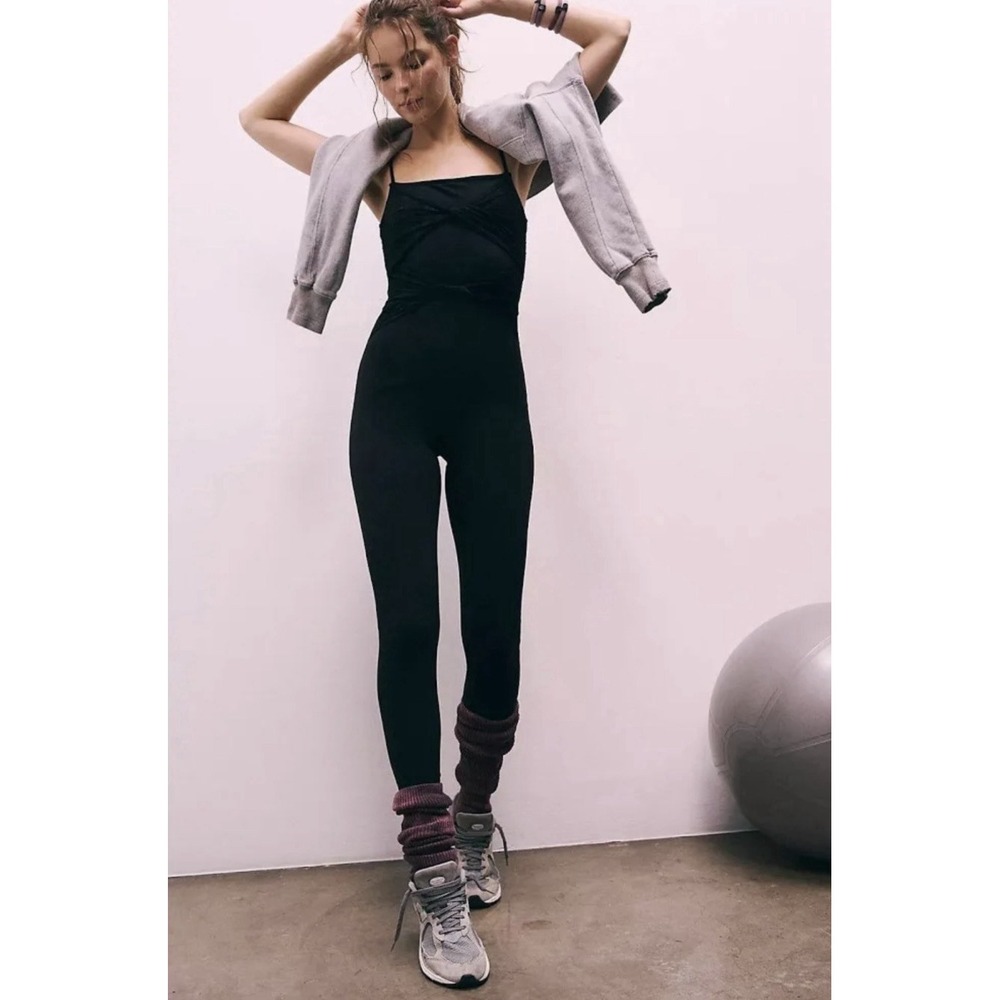 NWT Free People FP MOVEMENT Lace Me Up One Piece Jumpsuit Black Sz XS Athleisure